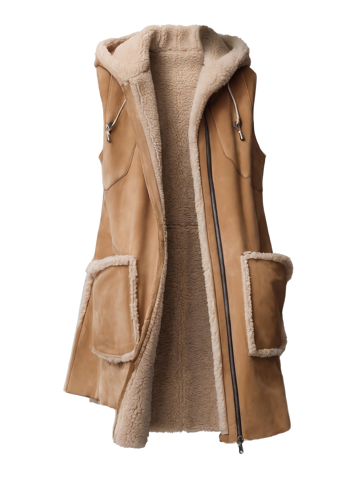 Women's hooded camel faux suede shearling-trim vest