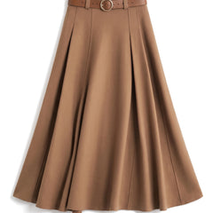 Camel pleated high-waisted A-line midi skirt with belt