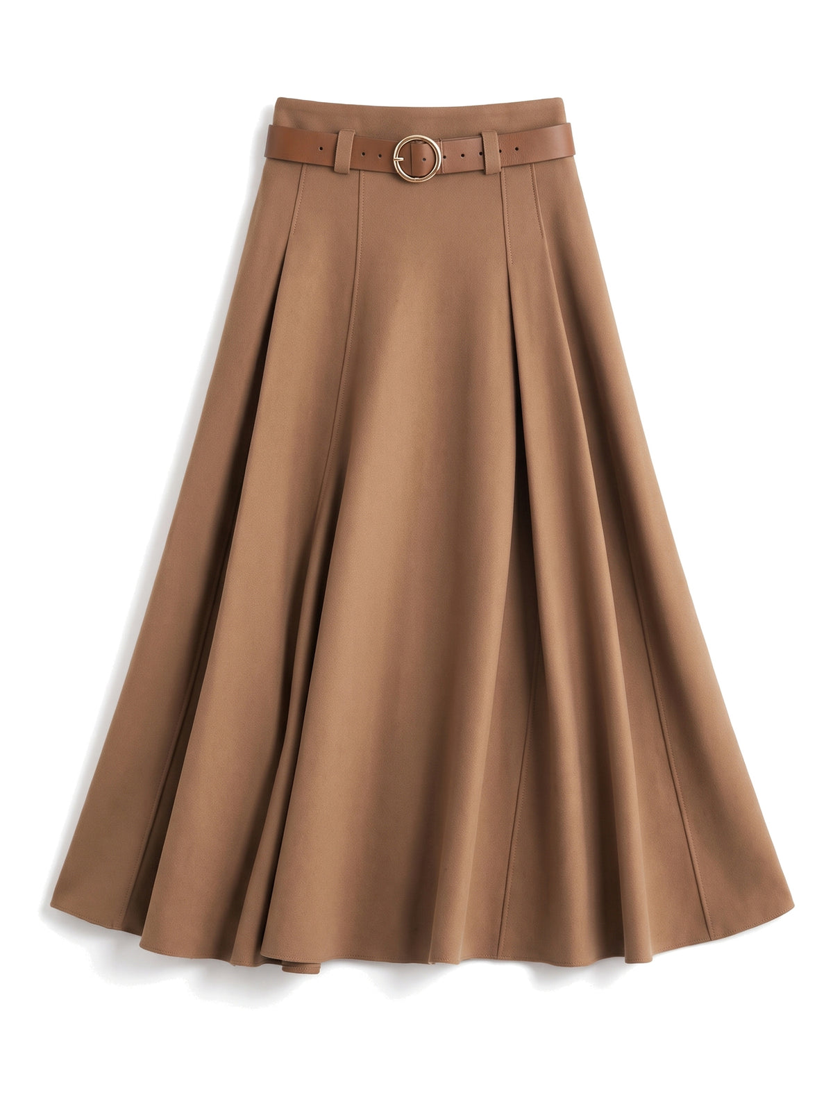 Camel pleated high-waisted A-line midi skirt with belt