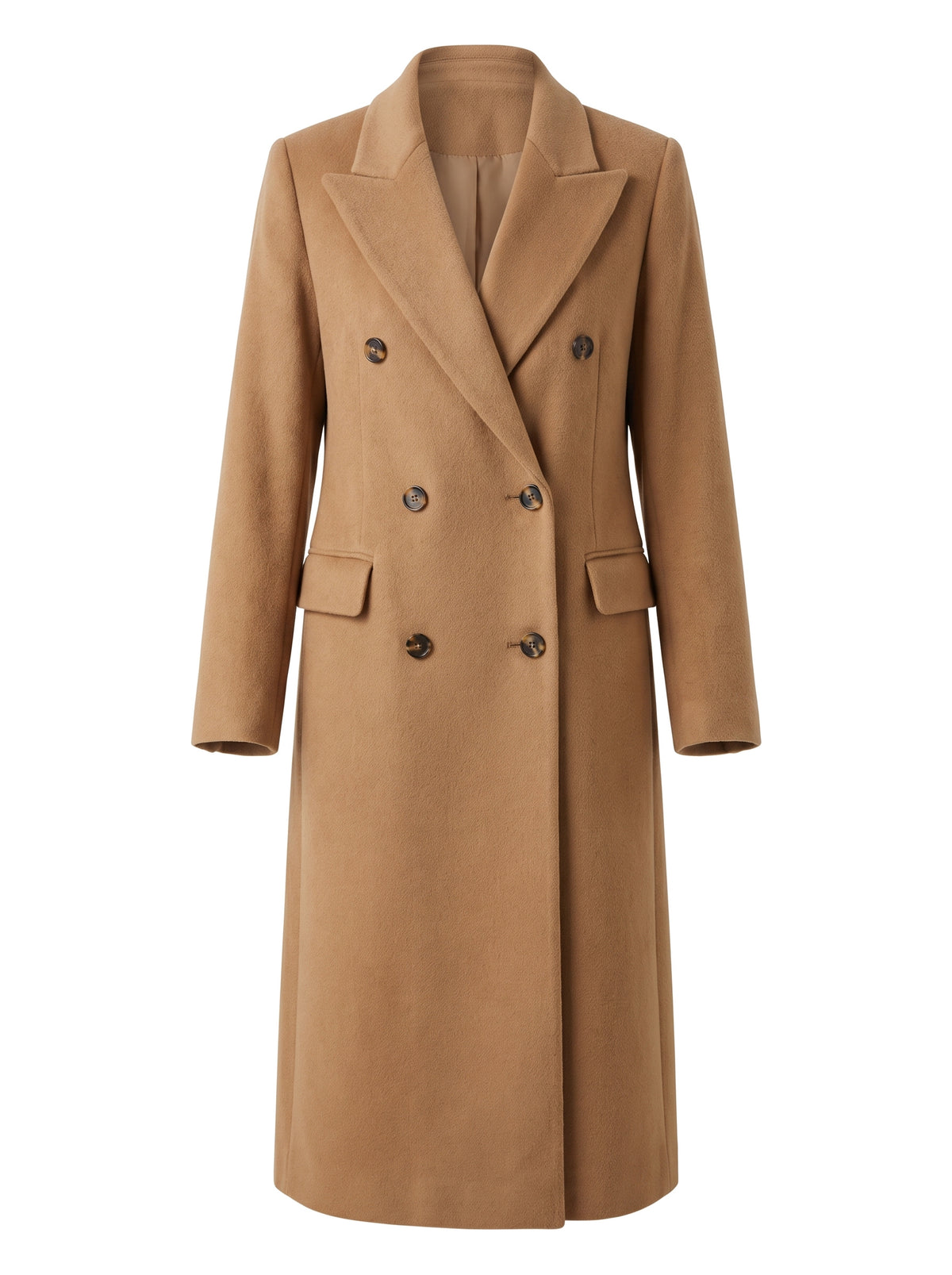 Lucille-Paloma women's camel double-breasted wool blazer coat, ghost mannequin studio shot
