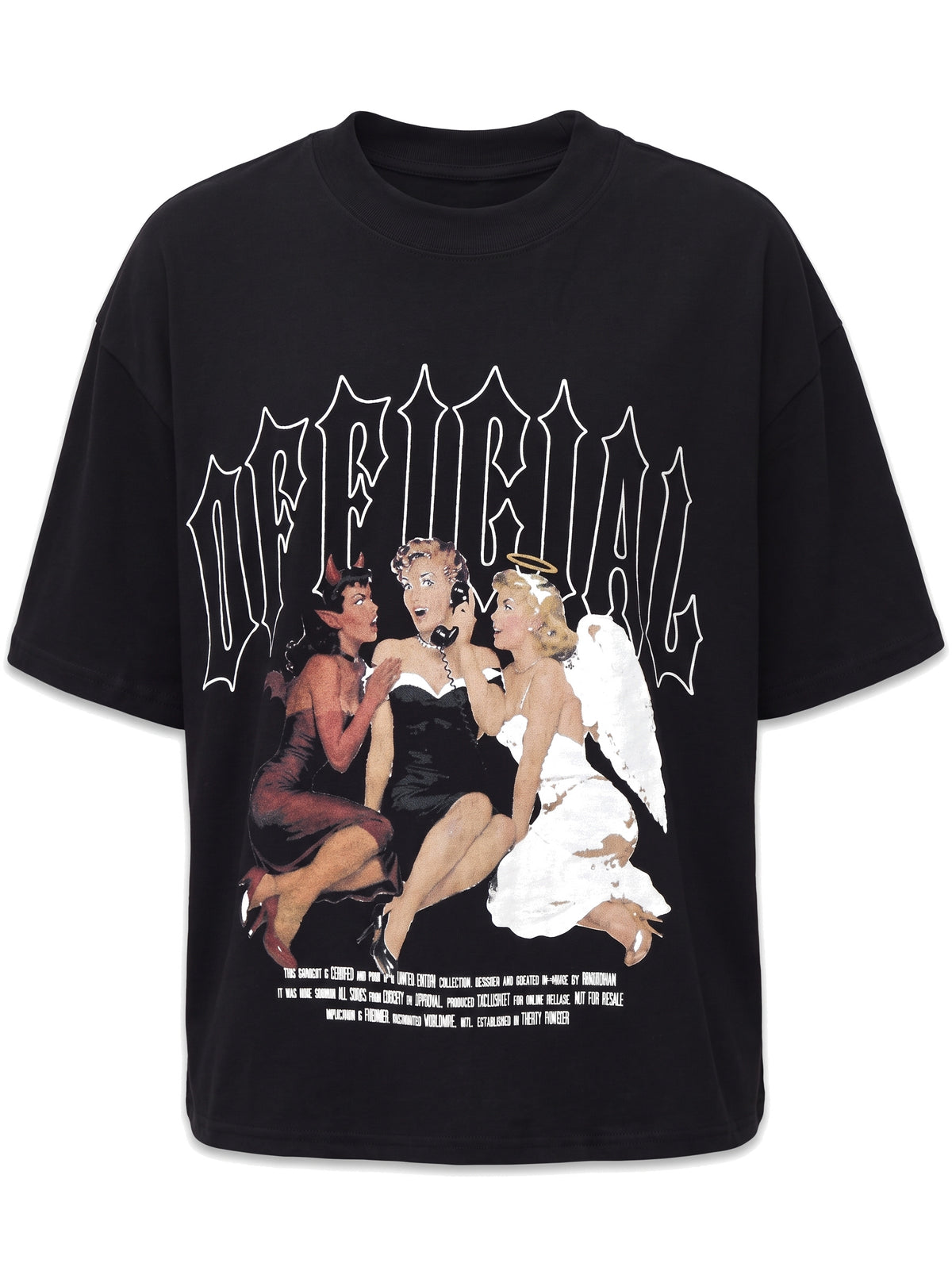 Black oversized gothic graphic cropped tee, ghost mannequin product shot