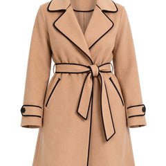 Greta womens belted wrap coat with contrast trim in camel beige, ghost mannequin studio shot