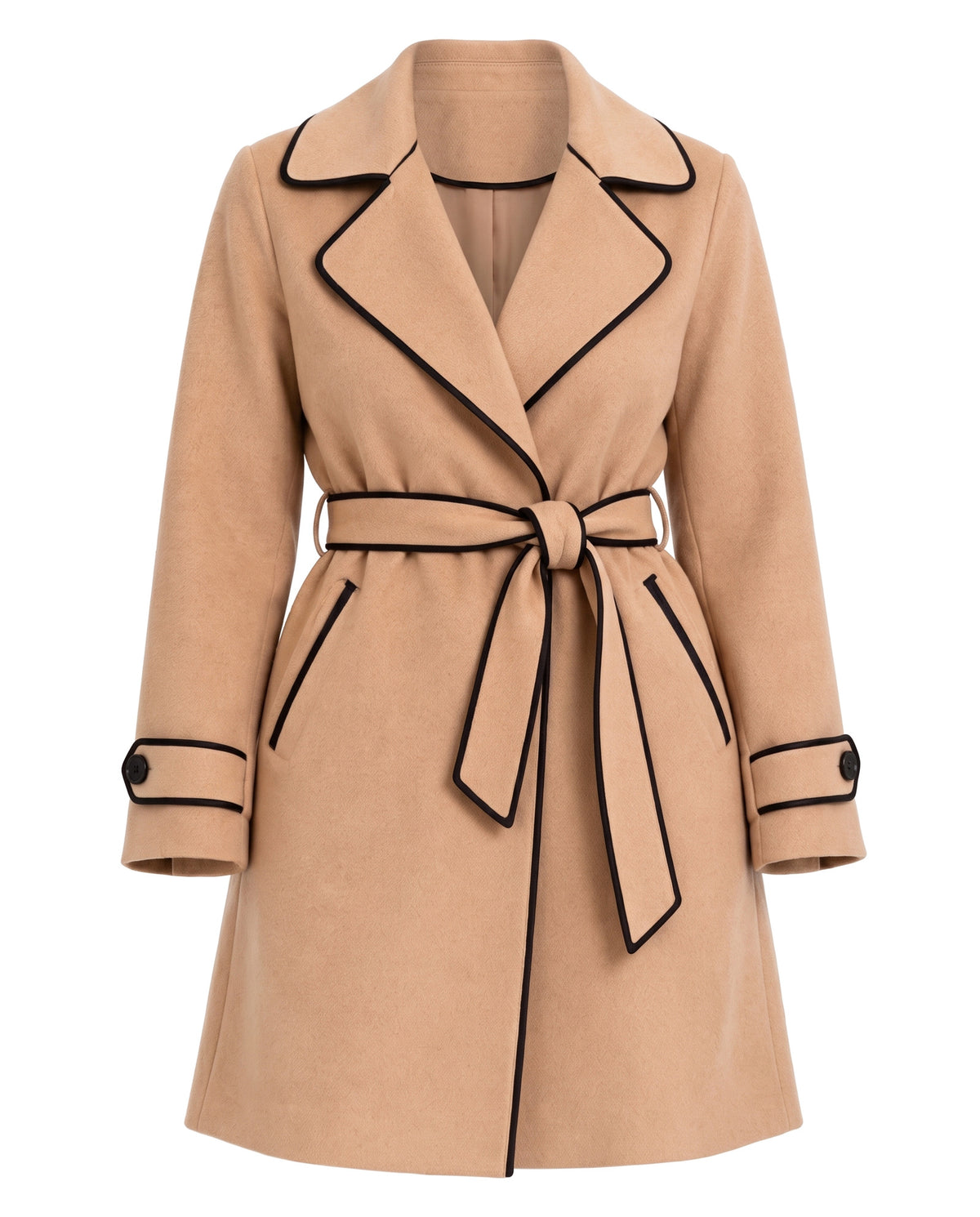 Greta womens belted wrap coat with contrast trim in camel beige, ghost mannequin studio shot