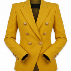 Odette women's tailored wool-blend double-breasted blazer in mustard yellow, ghost mannequin studio shot