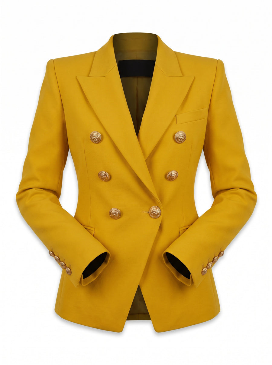 Odette women's tailored wool-blend double-breasted blazer in mustard yellow, ghost mannequin studio shot