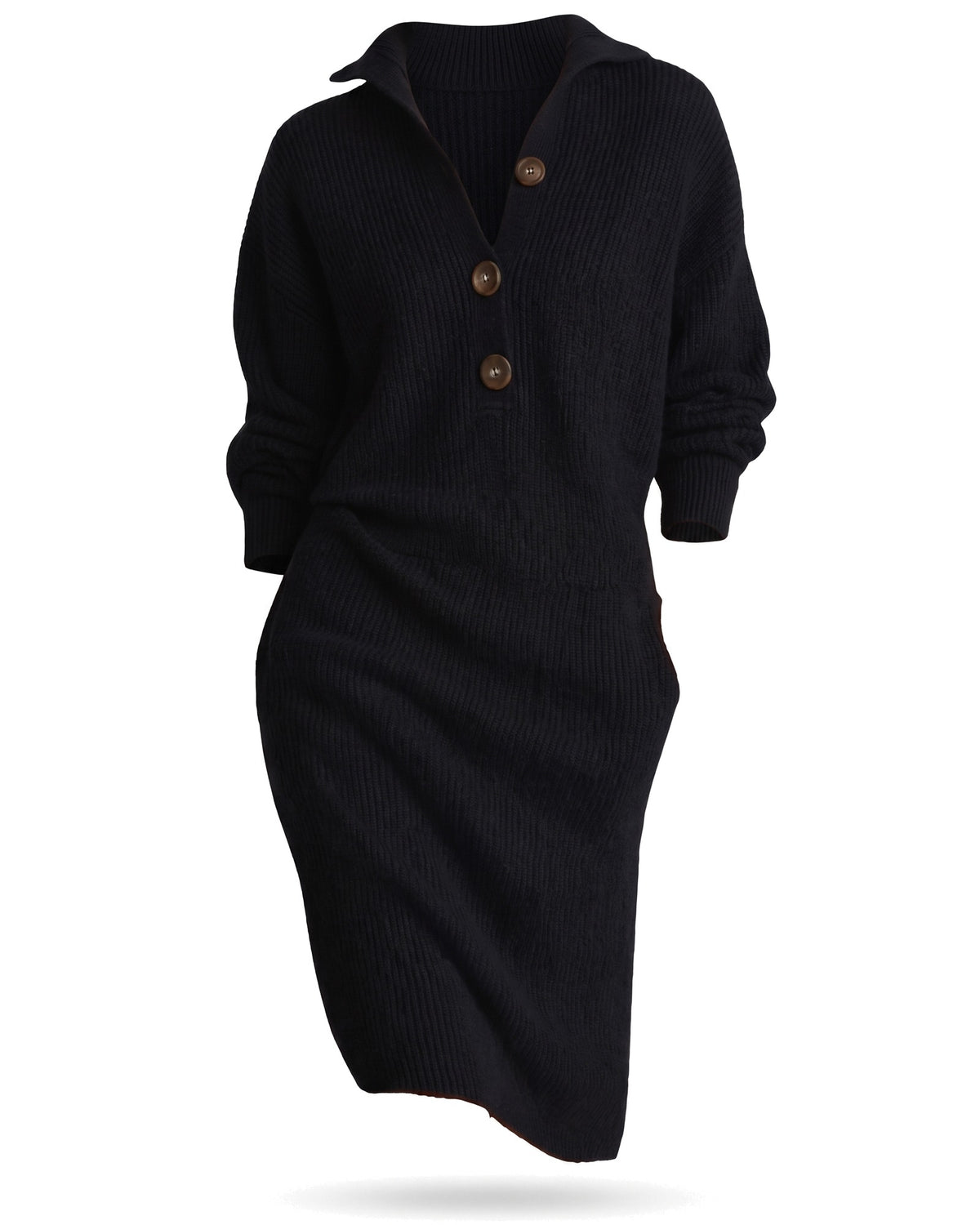 Black ribbed knit collared midi dress ghost mannequin product shot