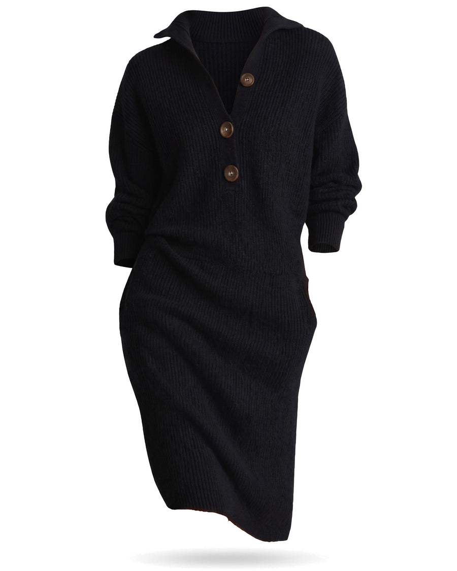 Black ribbed knit collared midi dress ghost mannequin product shot