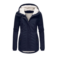 Women's hooded sherpa-lined quilted jacket in navy, ghost mannequin studio shot