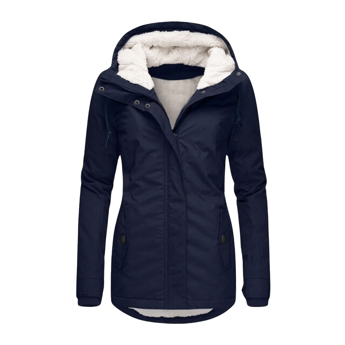 Women's hooded sherpa-lined quilted jacket in navy, ghost mannequin studio shot