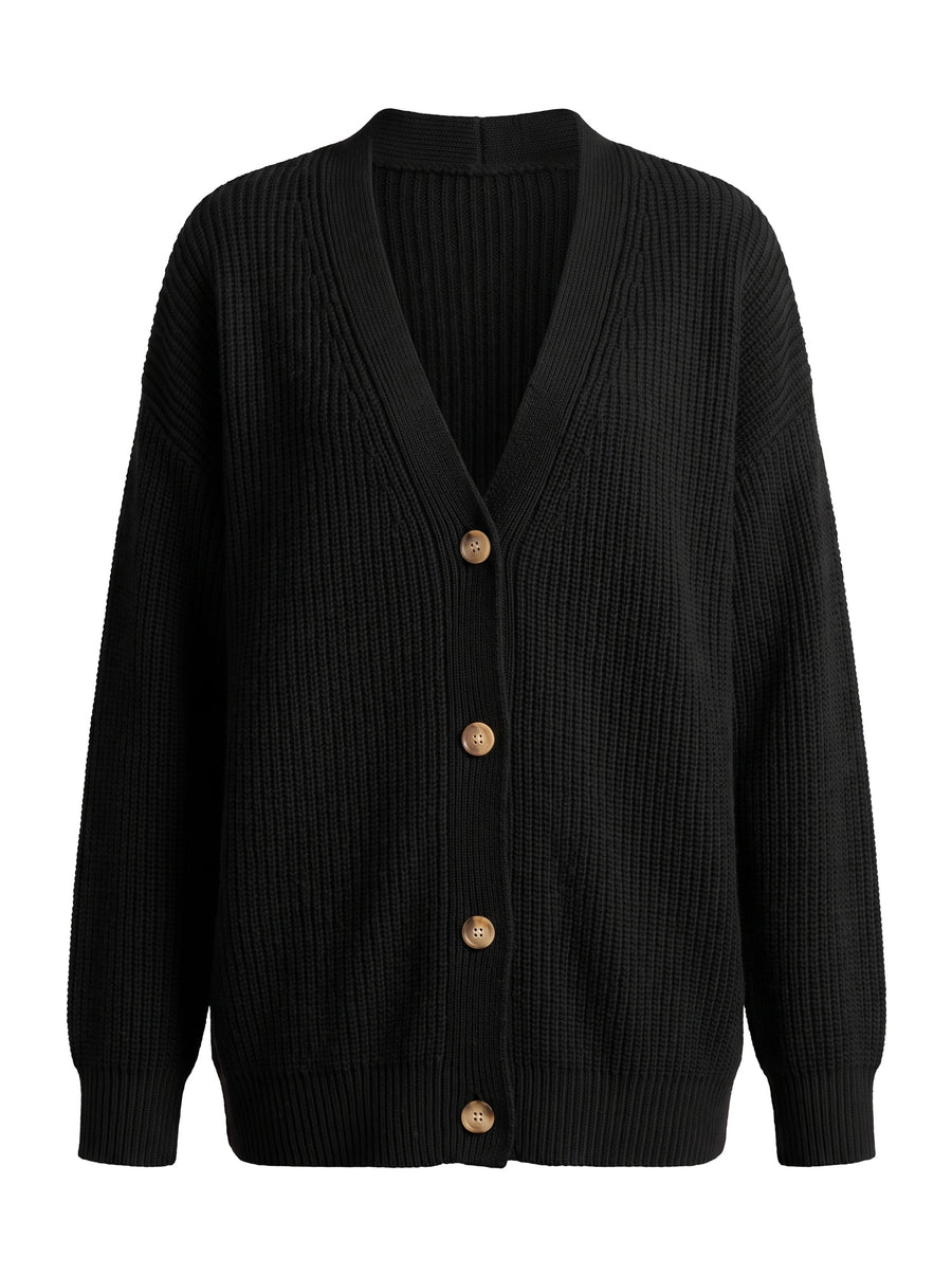 Women's oversized black ribbed V-neck cardigan