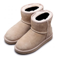 Beige suede warm-lined ankle snow boots with cream shearling collar