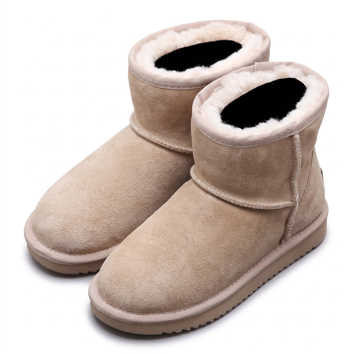 Beige suede warm-lined ankle snow boots with cream shearling collar