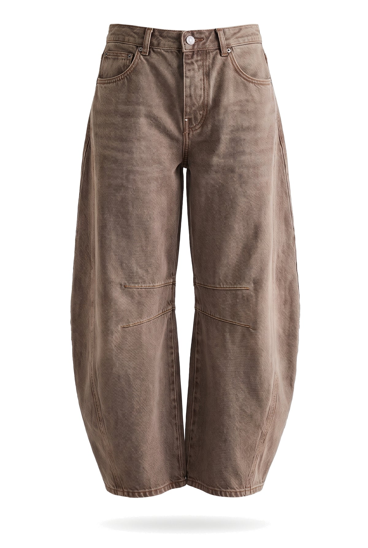 Women's low-rise baggy barrel jeans in washed brown denim, studio product shot