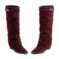 Women's burgundy suede buckle-strap knee-high boots, pair, studio product shot