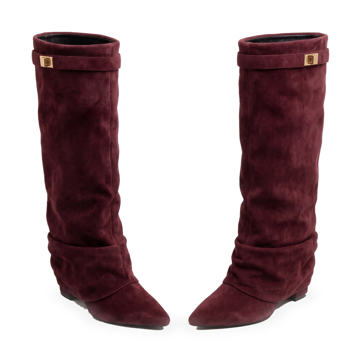 Women's burgundy suede buckle-strap knee-high boots, pair, studio product shot