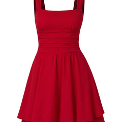 Red square-neck flared tiered mini cocktail dress, ghost mannequin studio shot on white