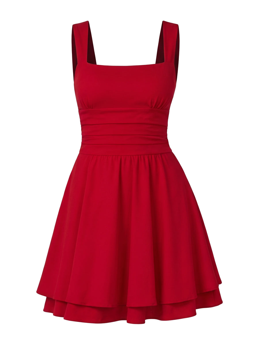 Red square-neck flared tiered mini cocktail dress, ghost mannequin studio shot on white