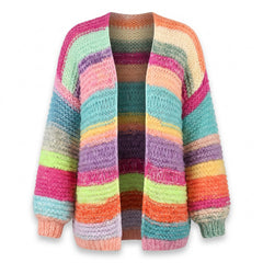 Women's chunky knit striped oversized cardigan in pastel rainbow stripes