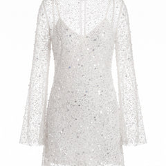 Lottie-Matilda women's glitter sheer-overlay mini dress in white, ghost mannequin studio shot