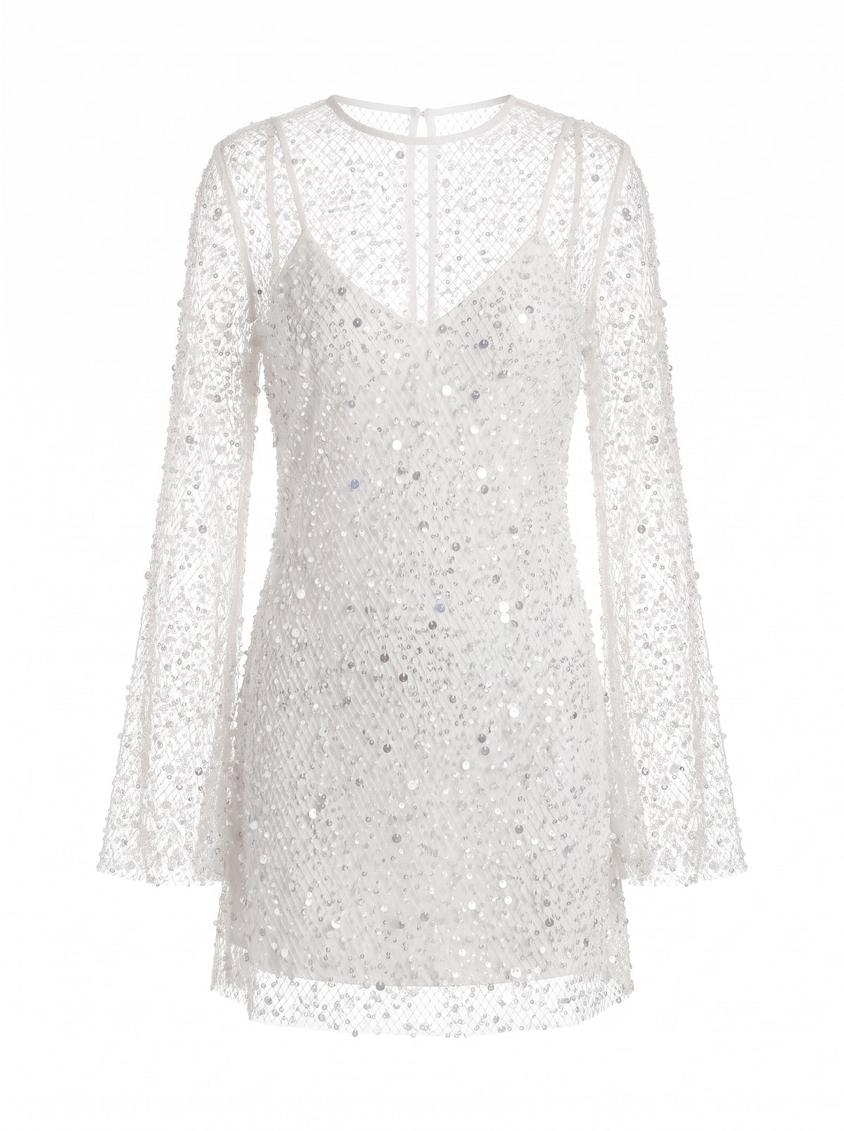 Lottie-Matilda women's glitter sheer-overlay mini dress in white, ghost mannequin studio shot