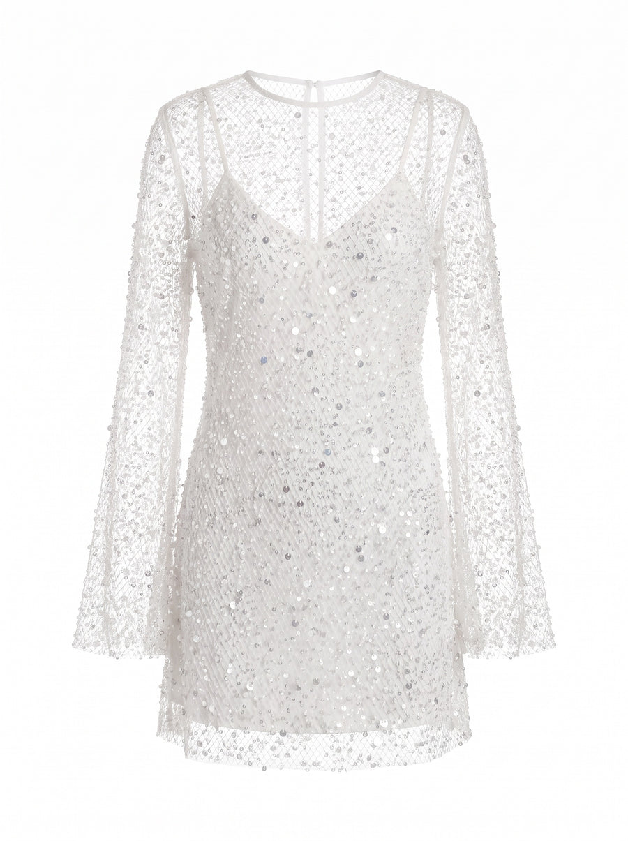 Lottie-Matilda women's glitter sheer-overlay mini dress in white, ghost mannequin studio shot