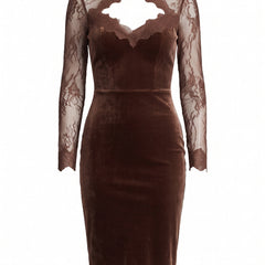 Brown velvet midi dress with sheer lace sleeves, ghost mannequin product shot