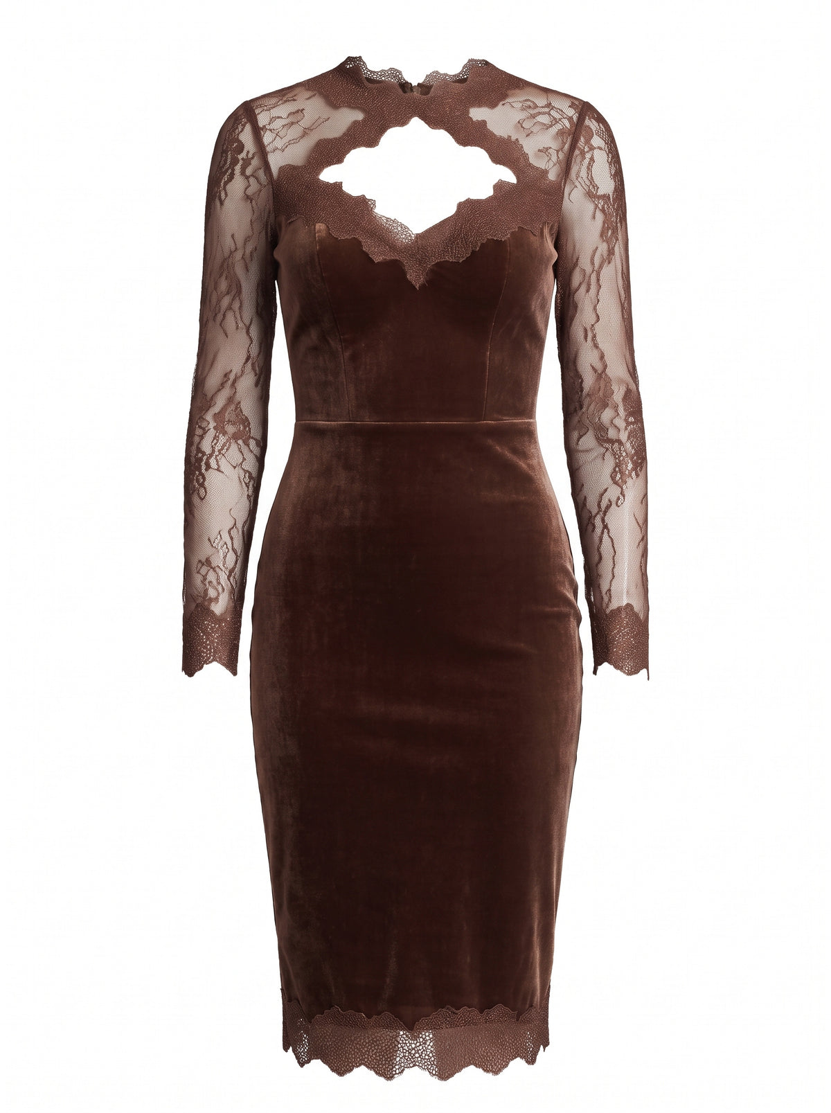 Brown velvet midi dress with sheer lace sleeves, ghost mannequin product shot