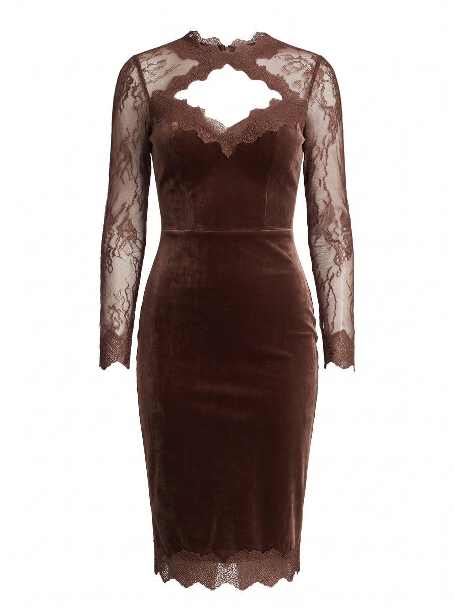 Brown velvet midi dress with sheer lace sleeves, ghost mannequin product shot