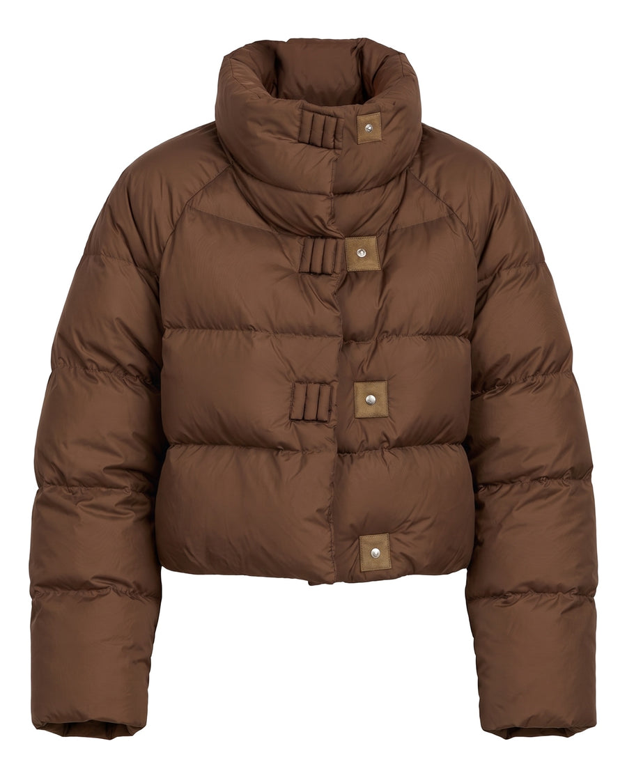Odette-Ophelia women's cropped stand-collar puffer jacket in brown