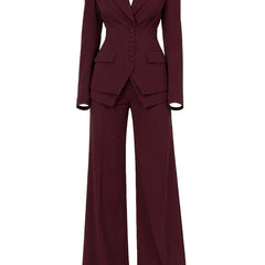 Burgundy cinched-waist blazer and wide-leg trouser set, ghost mannequin studio shot