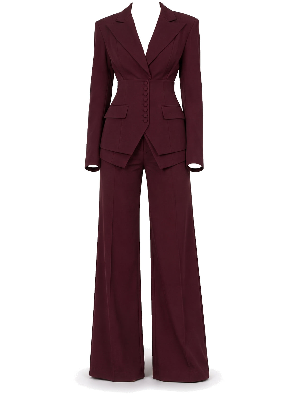 Burgundy cinched-waist blazer and wide-leg trouser set, ghost mannequin studio shot