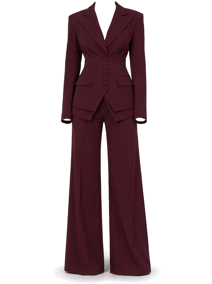 Burgundy cinched-waist blazer and wide-leg trouser set, ghost mannequin studio shot
