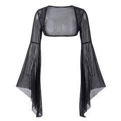 Women's sheer black mesh flared-sleeve crop top shrug, ghost mannequin studio shot