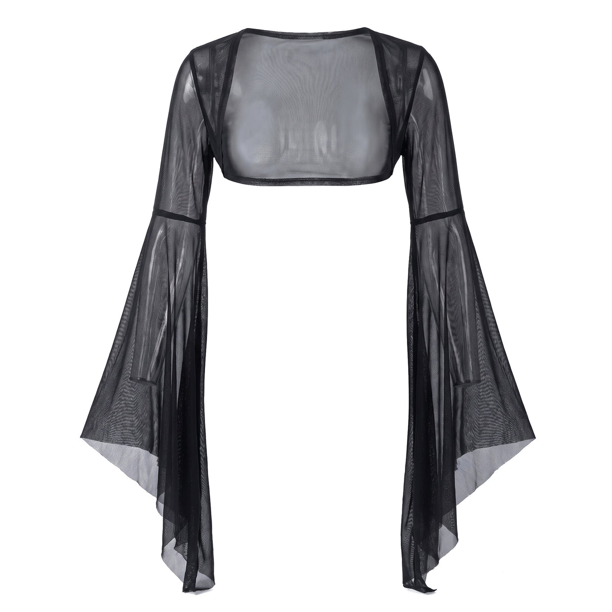 Women's sheer black mesh flared-sleeve crop top shrug, ghost mannequin studio shot