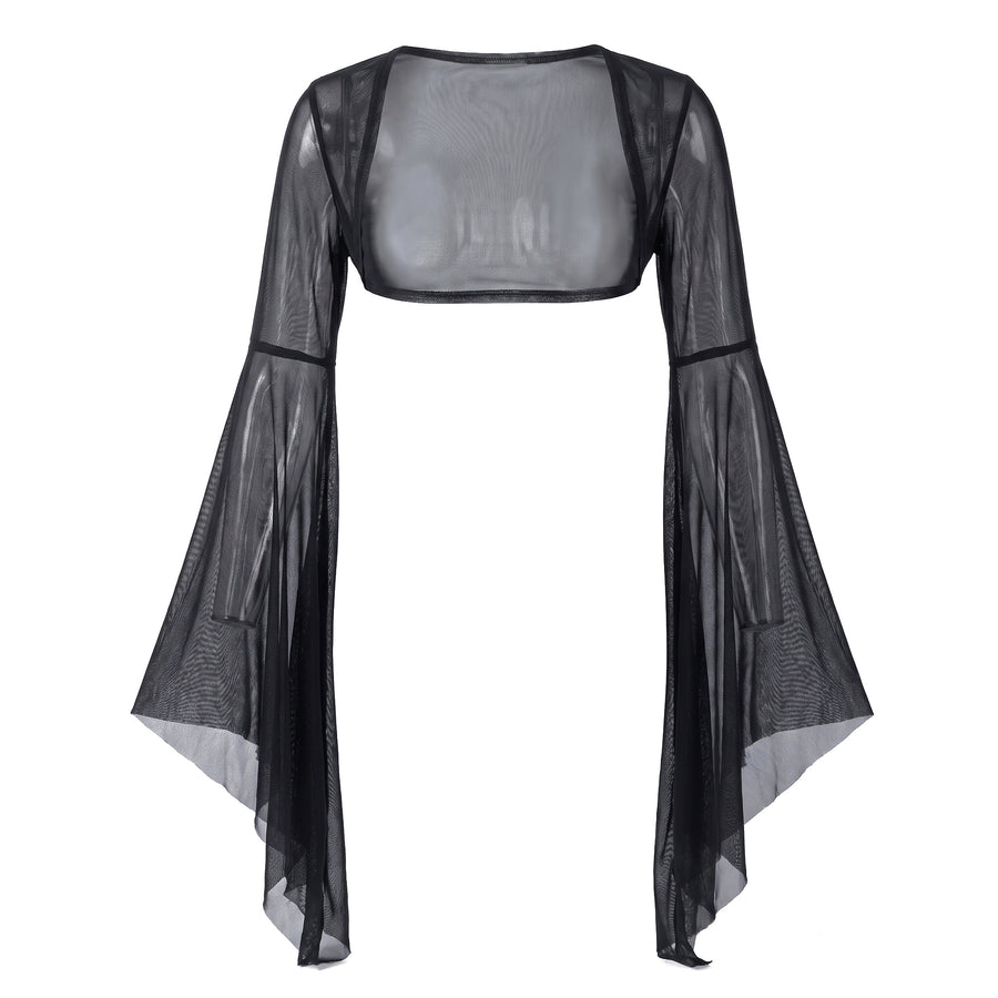 Women's sheer black mesh flared-sleeve crop top shrug, ghost mannequin studio shot