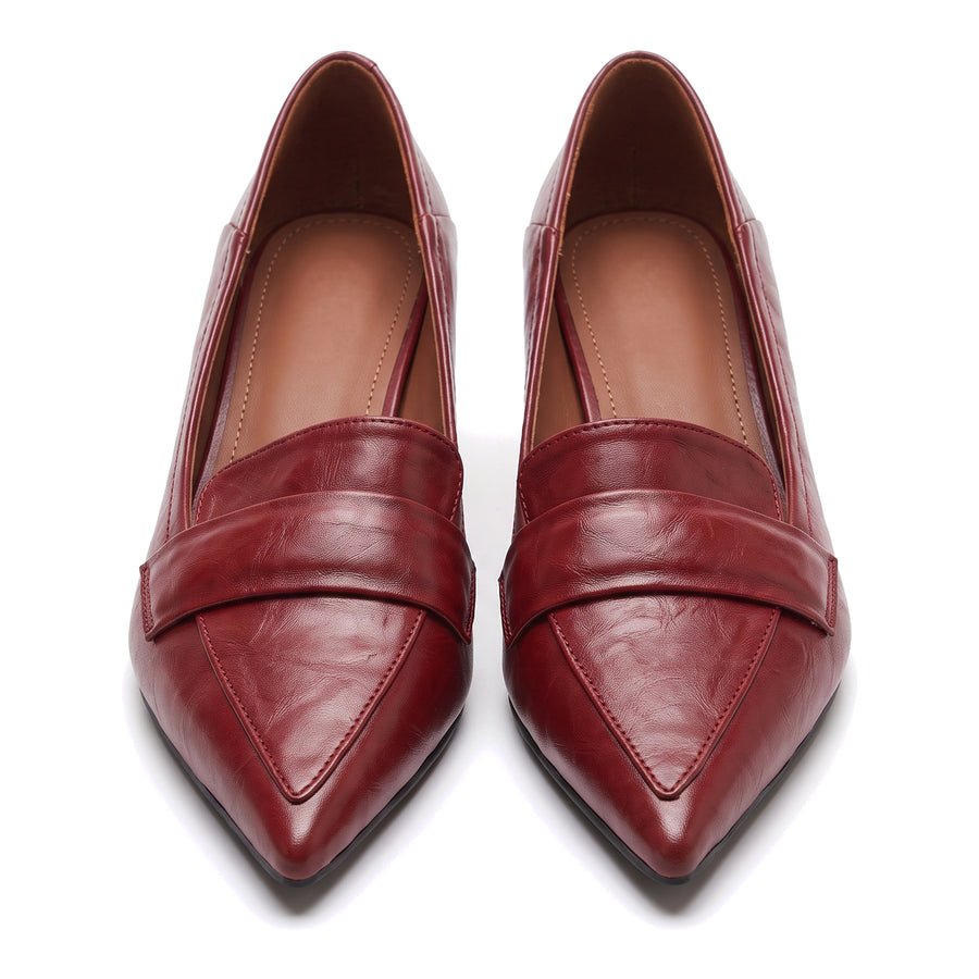 Burgundy pointed-toe kitten heel pumps, pair on white