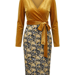 Women's velvet-feel wrap midi dress with floral jacquard skirt in mustard yellow