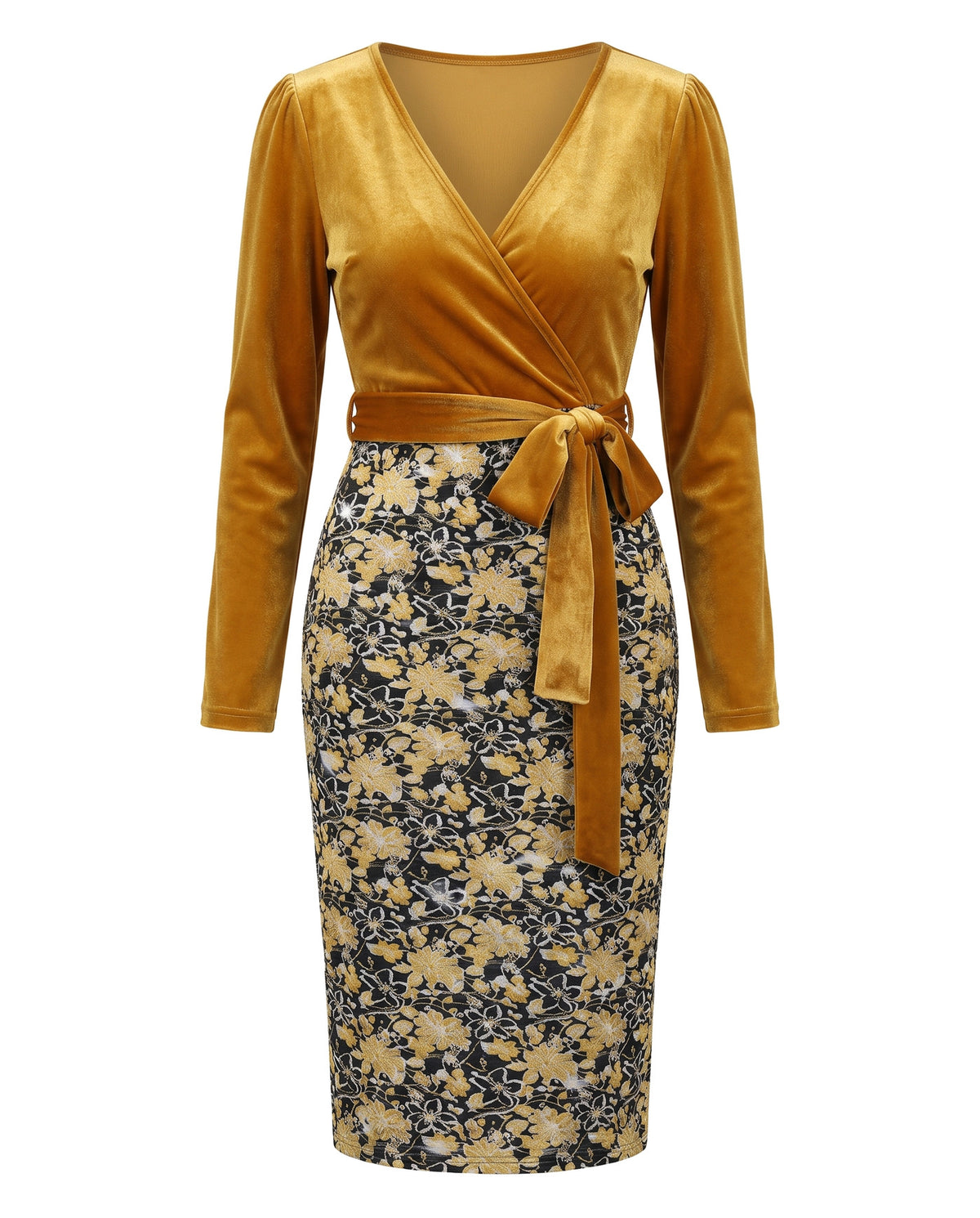 Women's velvet-feel wrap midi dress with floral jacquard skirt in mustard yellow