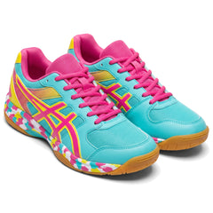 Frances-Virginia women's featherlight breathable knit sneakers in turquoise, pink and yellow, studio product shot on white