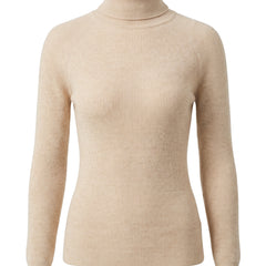 Women's slim-fit beige ribbed turtleneck sweater, ghost mannequin product shot on white