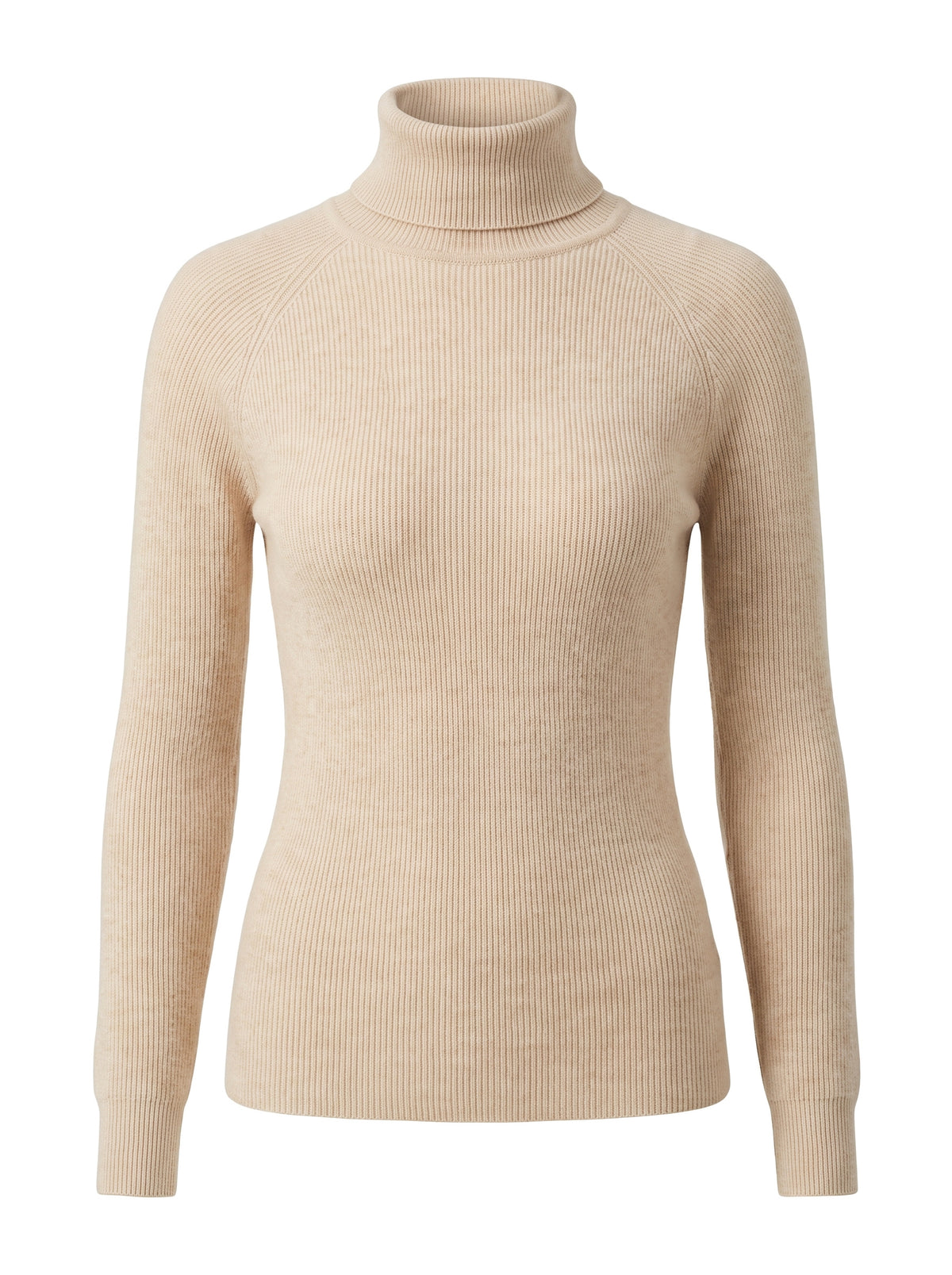 Women's slim-fit beige ribbed turtleneck sweater, ghost mannequin product shot on white