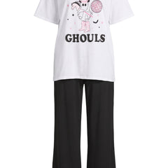 Women's ghost graphic oversized loungewear set, white tee and black wide leg trousers