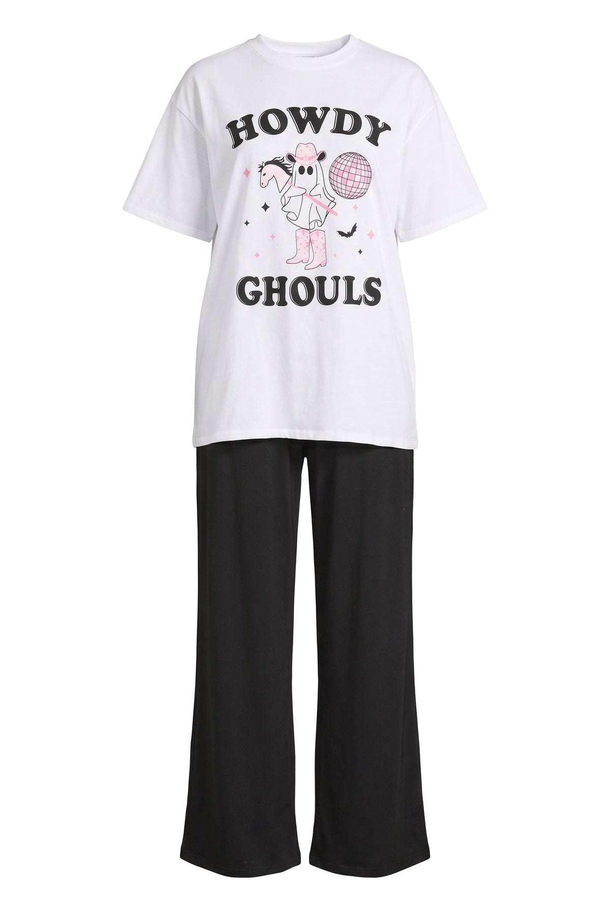 Women's ghost graphic oversized loungewear set, white tee and black wide leg trousers