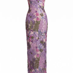 Teresa-Edith women's strapless sequin floral maxi dress in purple, ghost mannequin studio product shot