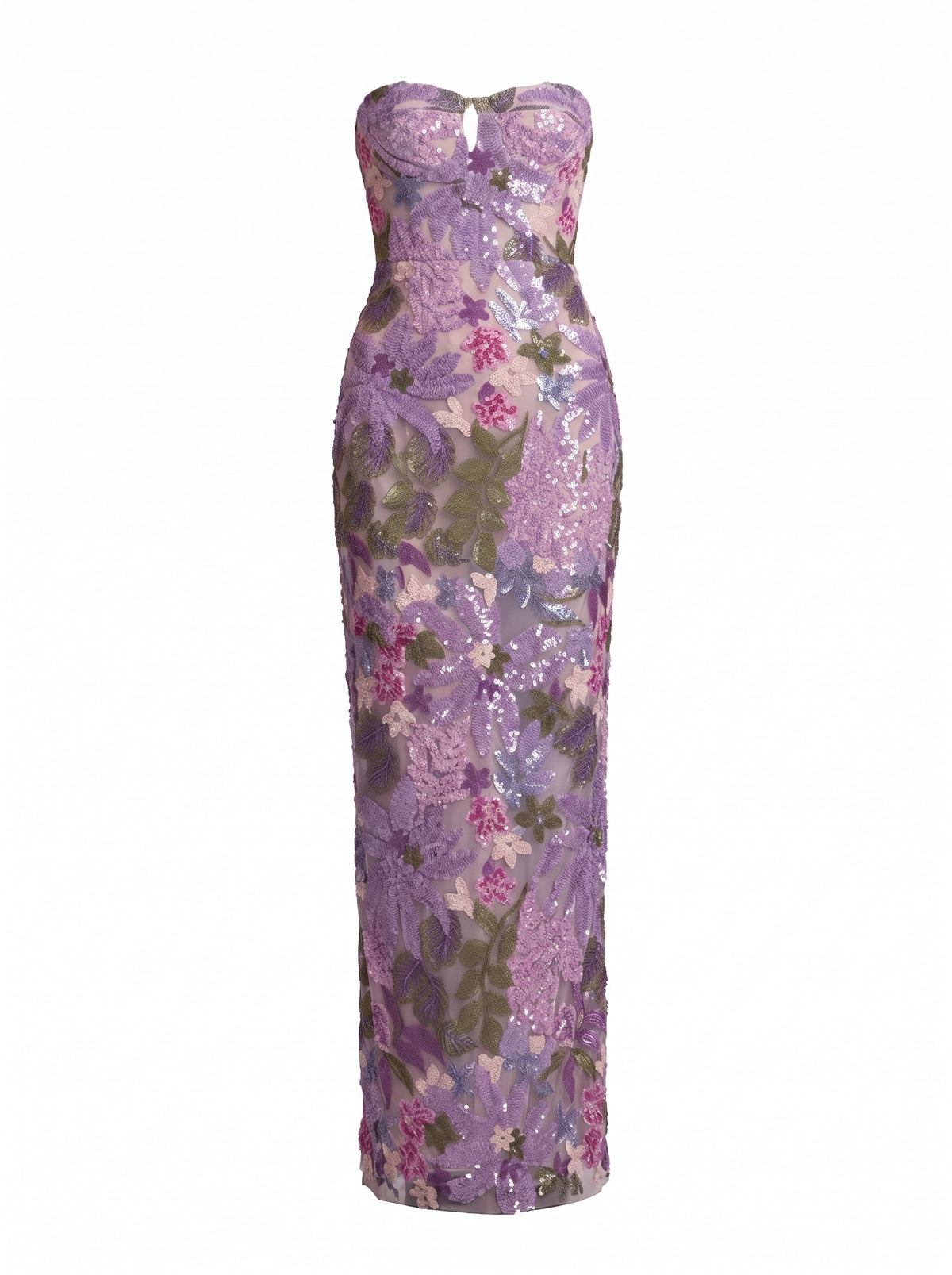 Teresa-Edith women's strapless sequin floral maxi dress in purple, ghost mannequin studio product shot