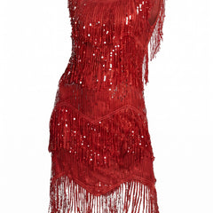 Red sequin fringe mini dress ghost mannequin studio shot