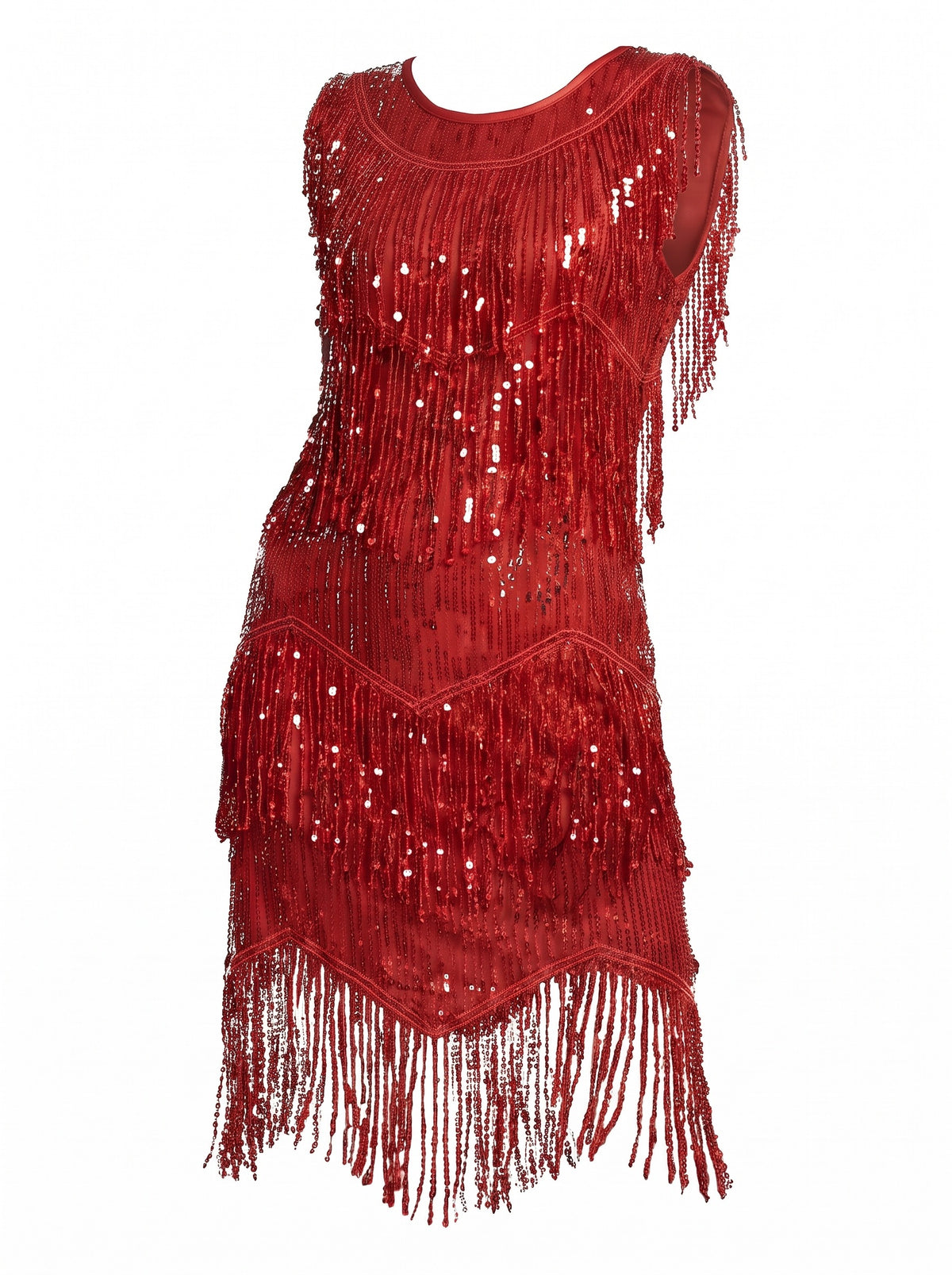 Red sequin fringe mini dress ghost mannequin studio shot