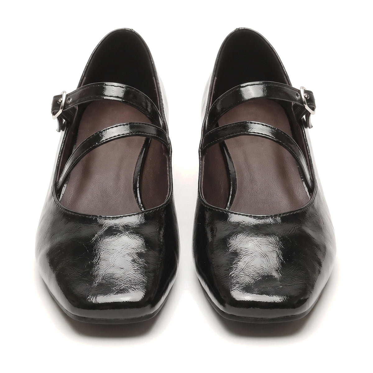 Annelise-Estelle women's black patent cross-strap Mary Jane block heels, pair on white