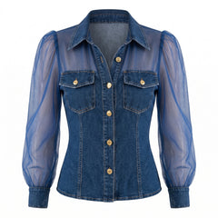 Women's denim-style sheer-sleeve slim-fit blouse