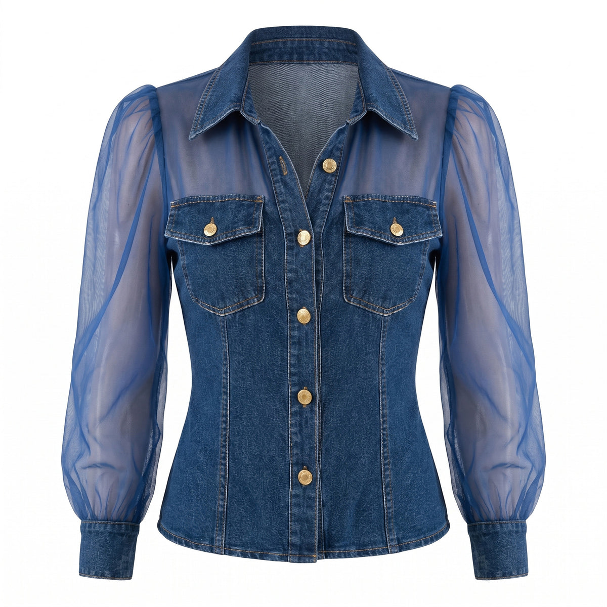 Women's denim-style sheer-sleeve slim-fit blouse